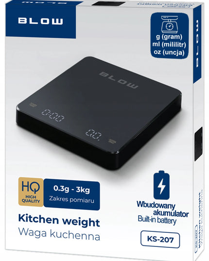 Elektroninės virtuvinės svarstyklės BLOW KS-207, tikslios 3000 g - 0,1 g, laikmatis, USB įkraunamos