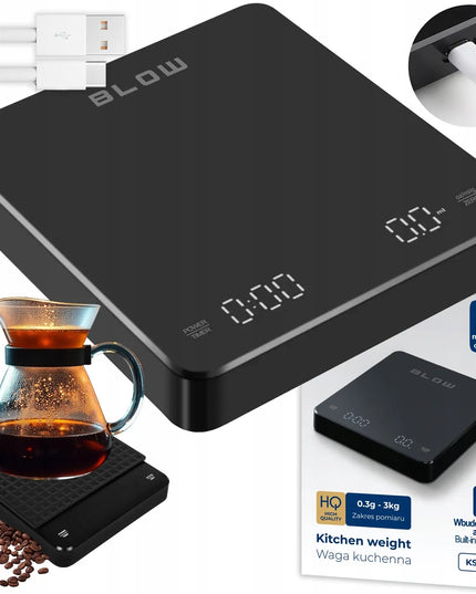Elektroninės virtuvinės svarstyklės BLOW KS-207, tikslios 3000 g - 0,1 g, laikmatis, USB įkraunamos