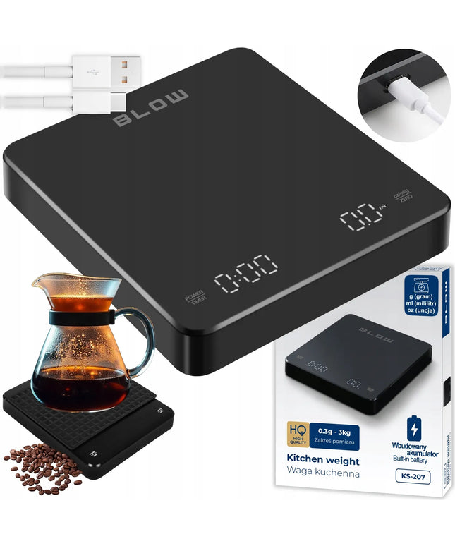 Elektroninės virtuvinės svarstyklės BLOW KS-207, tikslios 3000 g - 0,1 g, laikmatis, USB įkraunamos