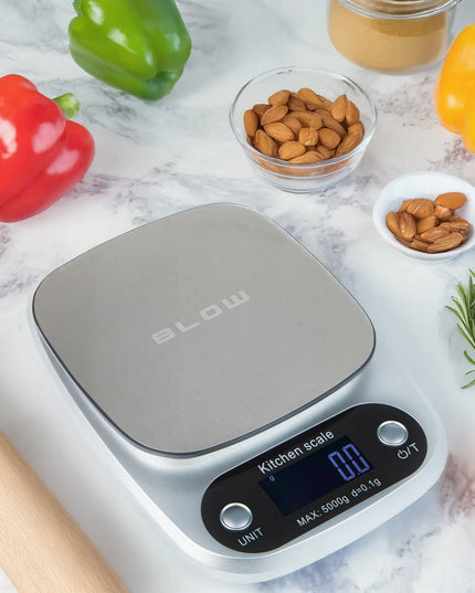 Tikslios elektroninės virtuvinės svarstyklės BLOW KS203, LCD ekranas, iki 5 kg, 0.1 g tikslumas + baterijos