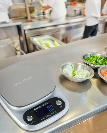Tikslios elektroninės virtuvinės svarstyklės BLOW KS203, LCD ekranas, iki 5 kg, 0.1 g tikslumas + baterijos