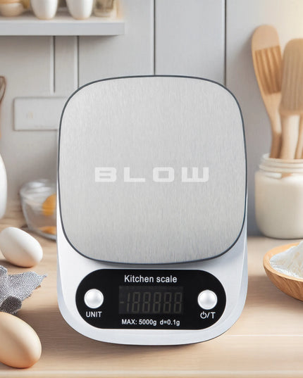 Tikslios elektroninės virtuvinės svarstyklės BLOW KS203, LCD ekranas, iki 5 kg, 0.1 g tikslumas + baterijos