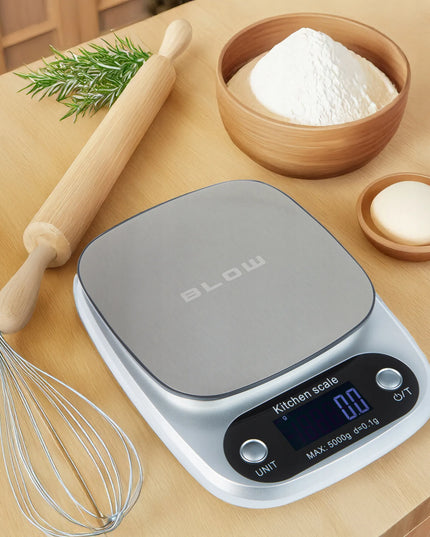Tikslios elektroninės virtuvinės svarstyklės BLOW KS203, LCD ekranas, iki 5 kg, 0.1 g tikslumas + baterijos