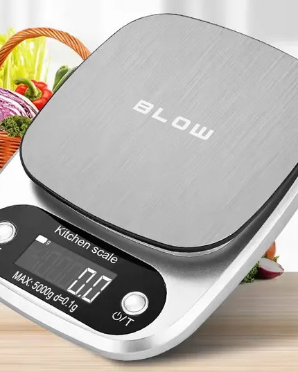 Tikslios elektroninės virtuvinės svarstyklės BLOW KS203, LCD ekranas, iki 5 kg, 0.1 g tikslumas + baterijos