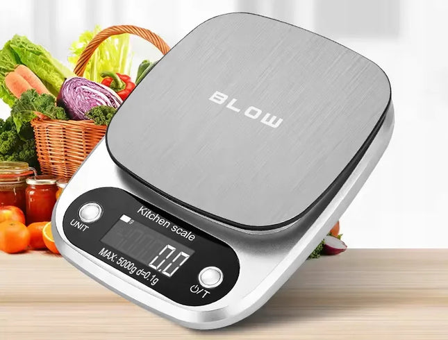 Tikslios elektroninės virtuvinės svarstyklės BLOW KS203, LCD ekranas, iki 5 kg, 0.1 g tikslumas + baterijos