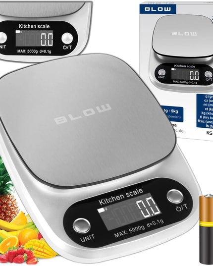 Tikslios elektroninės virtuvinės svarstyklės BLOW KS203, LCD ekranas, iki 5 kg, 0.1 g tikslumas + baterijos