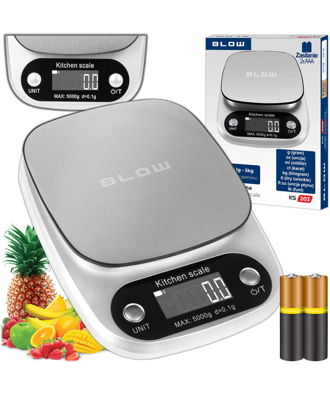 Tikslios elektroninės virtuvinės svarstyklės BLOW KS203, LCD ekranas, iki 5 kg, 0.1 g tikslumas + baterijos