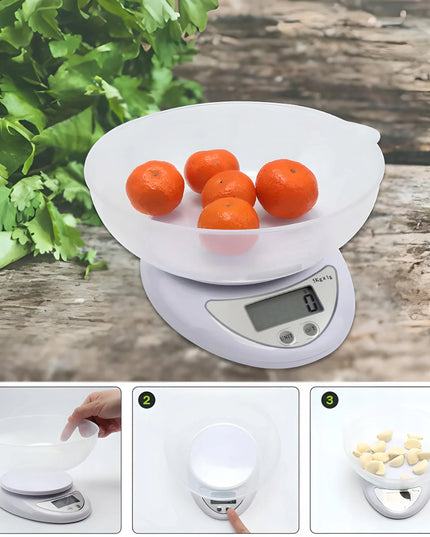 Elektroninės virtuvinės svarstyklės su dubeniu iki 5 kg, LCD ekranas, tikslios