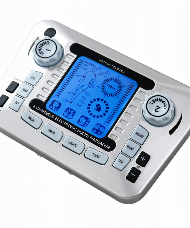 Galingas dviejų kanalų elektrostimuliatorius TENS EMS srovės, elektrodai, rinkinys, dėklas