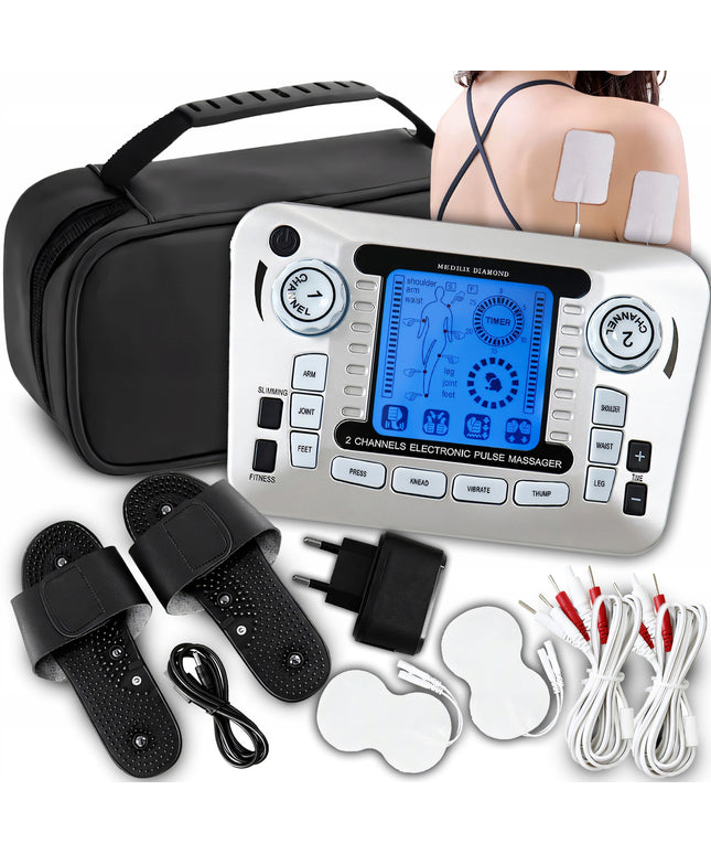 Galingas dviejų kanalų elektrostimuliatorius TENS EMS srovės, elektrodai, rinkinys, dėklas