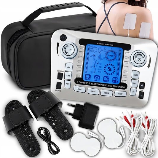 Galingas dviejų kanalų elektrostimuliatorius TENS EMS srovės, elektrodai, rinkinys, dėklas