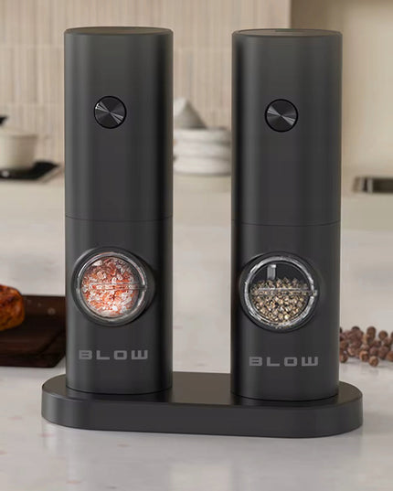 Elektrinis druskos ir pipirų malūnėlis prieskoniams, reguliuojamas, su stovu, rinkinys x2