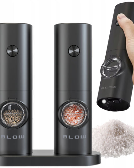 Elektrinis druskos ir pipirų malūnėlis prieskoniams, reguliuojamas, su stovu, rinkinys x2