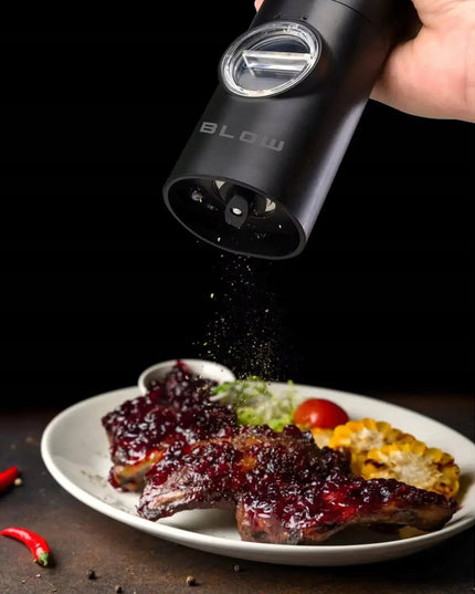 Elektrinis druskos ir pipirų malūnėlis prieskoniams, reguliuojamas, su stovu, rinkinys x2