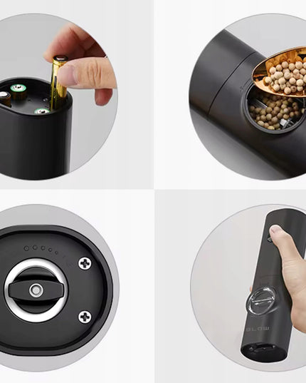 Elektrinis druskos ir pipirų malūnėlis prieskoniams, reguliuojamas, su stovu, rinkinys x2