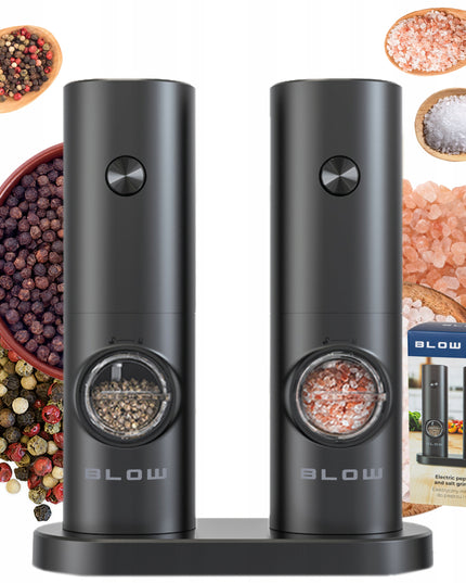 Elektrinis druskos ir pipirų malūnėlis prieskoniams, reguliuojamas, su stovu, rinkinys x2