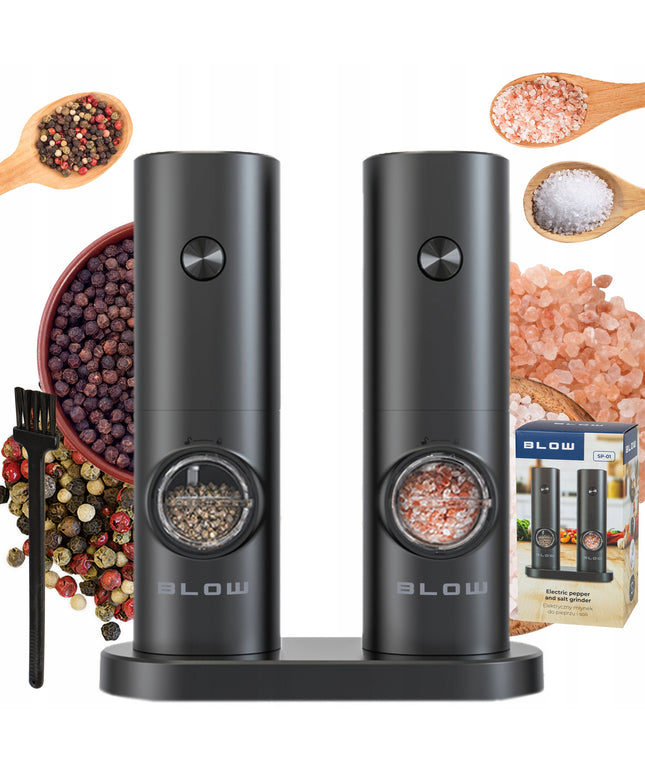 Elektrinis druskos ir pipirų malūnėlis prieskoniams, reguliuojamas, su stovu, rinkinys x2