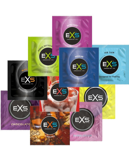 EXS Prezervatyvai MIX 50 vnt. 10 rūšių - ploni, su spuogeliais, dryželiais, skonio