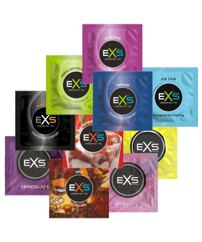EXS Prezervatyvai MIX 50 vnt. 10 rūšių - ploni, su spuogeliais, dryželiais, skonio