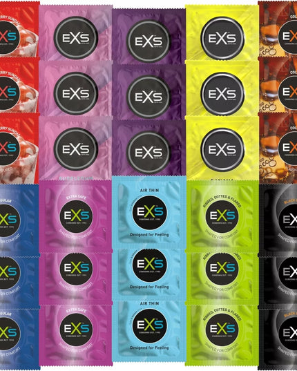 EXS Prezervatyvai MIX 50 vnt. 10 rūšių - ploni, su spuogeliais, dryželiais, skonio