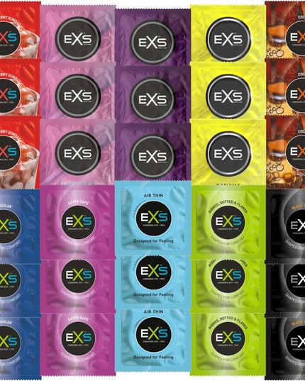 EXS Prezervatyvai MIX 50 vnt. 10 rūšių - ploni, su spuogeliais, dryželiais, skonio