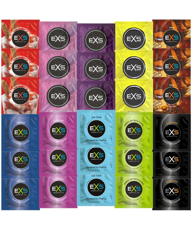 EXS Prezervatyvai MIX 50 vnt. 10 rūšių - ploni, su spuogeliais, dryželiais, skonio