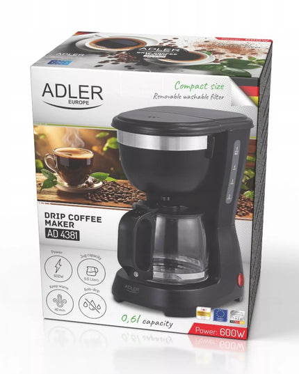 Adler 4381 Black 0,6 l 600 W lašelinis kavos aparatas su šilumos palaikymo funkcija ir ANTI-DRIP sistema