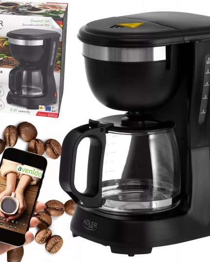 Adler 4381 Black 0,6 l 600 W lašelinis kavos aparatas su šilumos palaikymo funkcija ir ANTI-DRIP sistema