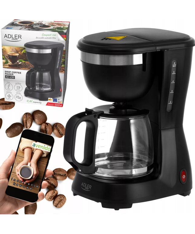 Adler 4381 Black 0,6 l 600 W lašelinis kavos aparatas su šilumos palaikymo funkcija ir ANTI-DRIP sistema