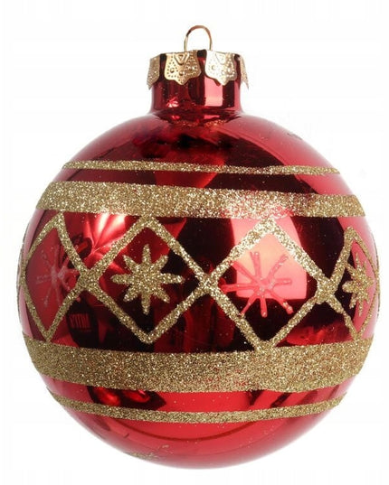 Elegantiškas 4 raudonų, dekoruotų stiklinių burbulų rinkinys 10 cm KALĖDINĖ EGLUTĖ