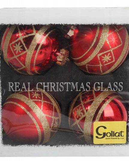 Elegantiškas 4 raudonų, dekoruotų stiklinių burbulų rinkinys 10 cm KALĖDINĖ EGLUTĖ