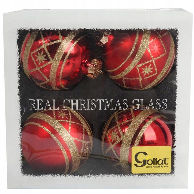 Elegantiškas 4 raudonų, dekoruotų stiklinių burbulų rinkinys 10 cm KALĖDINĖ EGLUTĖ