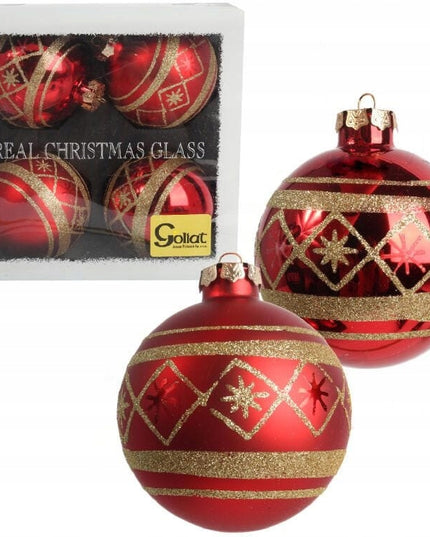 Elegantiškas 4 raudonų, dekoruotų stiklinių burbulų rinkinys 10 cm KALĖDINĖ EGLUTĖ