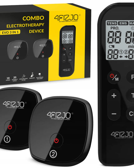 4FIZJO įkraunamas juodas elektrostimuliatorius TENS/EMS/MASS, 3 funkcijos viename