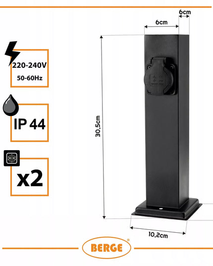Berge elektrinis sodo šviestuvas-stulpas su 2 hermetiniais lizdais, 30 cm, 16A