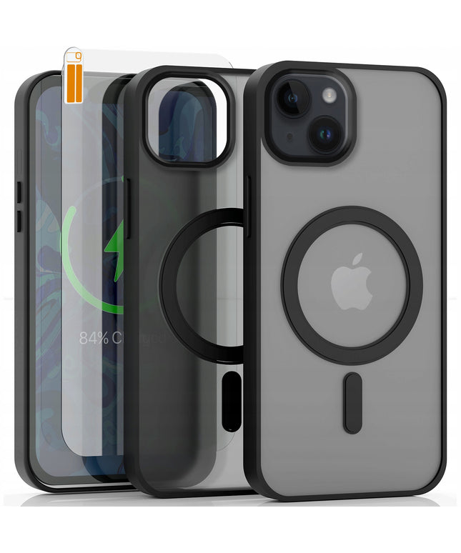Dėklas Apple iPhone 14 Plus (Magsafe suderinamas, Matinis juodas, Sustiprintas) + Stiklas