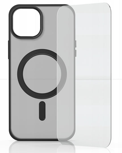 Apple iPhone 15 dėklas (Magsafe, Matinis Juodas, Sutvirtintas) + 9H Stiklas