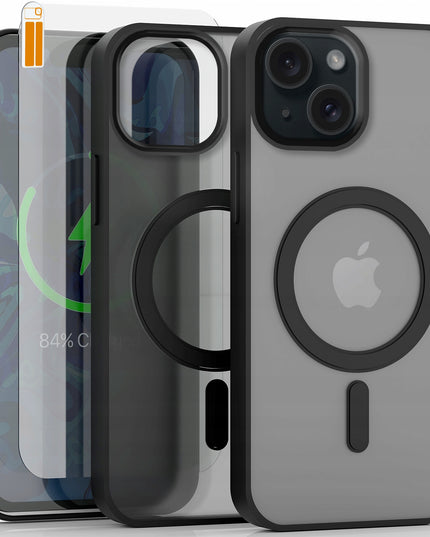 Apple iPhone 15 dėklas (Magsafe, Matinis Juodas, Sutvirtintas) + 9H Stiklas