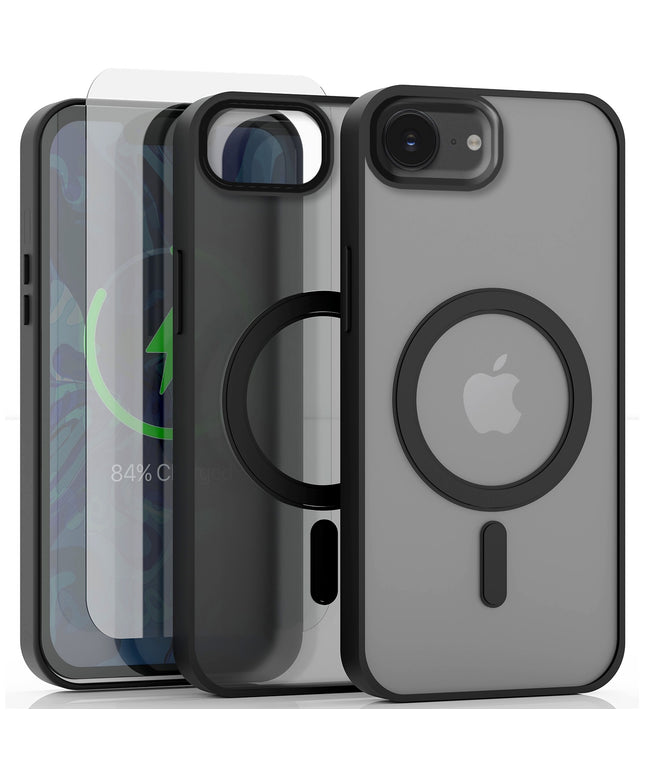 Dėklas Apple iPhone 16e (Magsafe, Juodas Matinis, Galinis, Case) + Stiklas