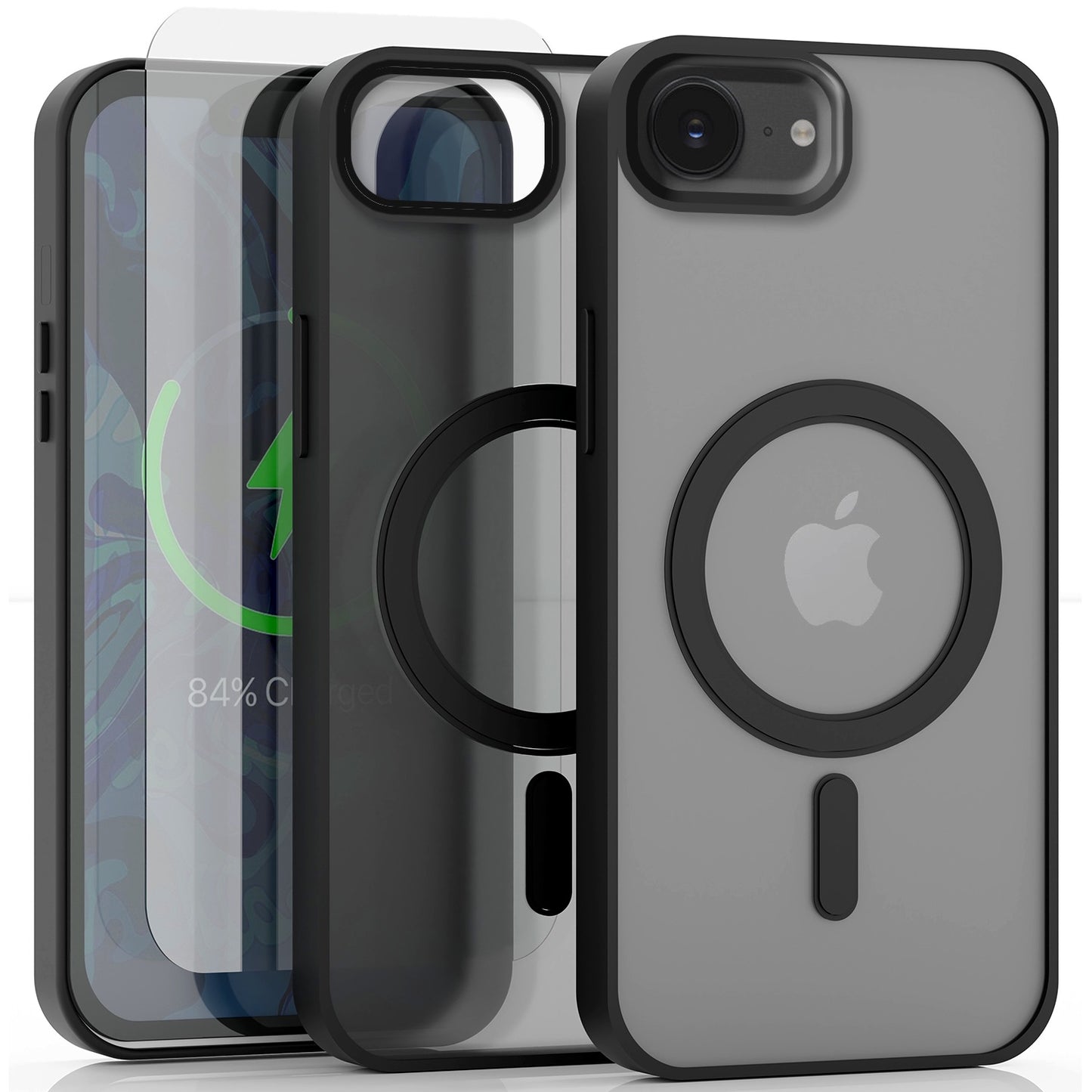 Dėklas Apple iPhone 16e (Magsafe, Juodas Matinis, Galinis, Case) + Stiklas