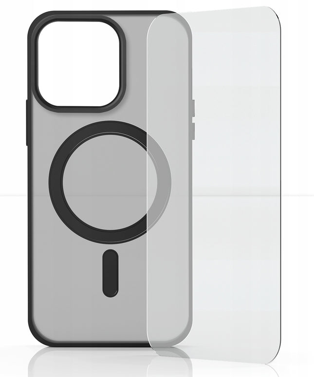 MagSafe dėklas Apple iPhone 13 PRO (Matinis juodas, Atsparus smūgiams) + 9H grūdintas stiklas