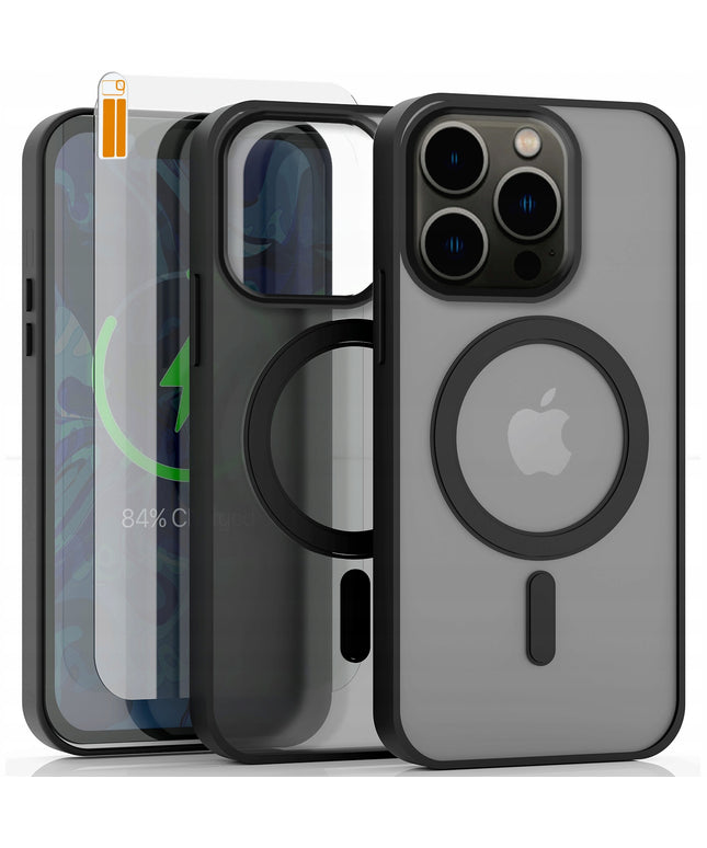 MagSafe dėklas Apple iPhone 13 PRO (Matinis juodas, Atsparus smūgiams) + 9H grūdintas stiklas