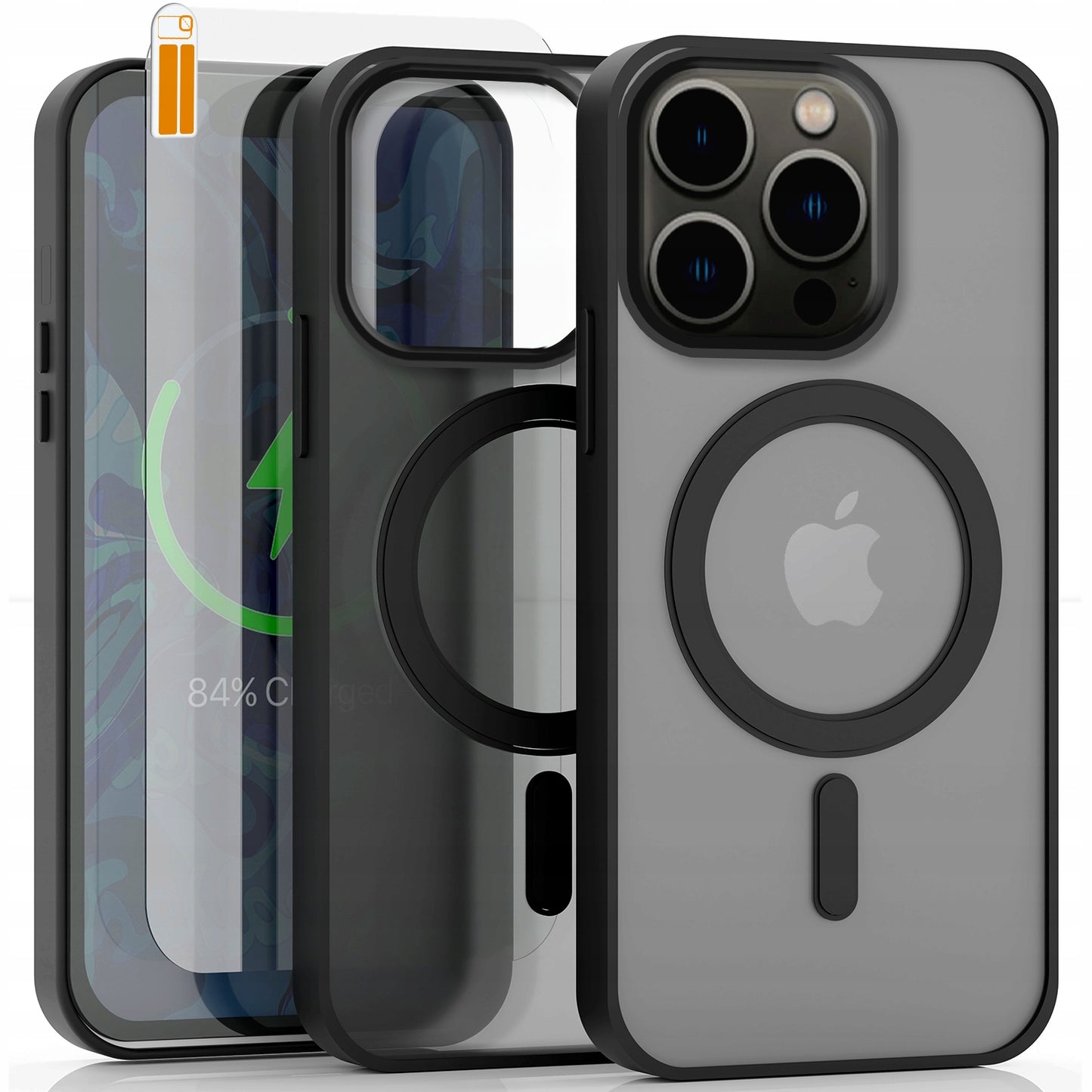 MagSafe dėklas Apple iPhone 13 PRO (Matinis juodas, Atsparus smūgiams) + 9H grūdintas stiklas