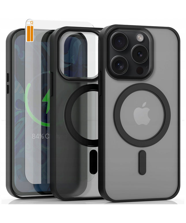Dėklas „MagSafe“ Apple iPhone 15 Pro (Matinis Juodas, Sustiprintas) + Stiklas