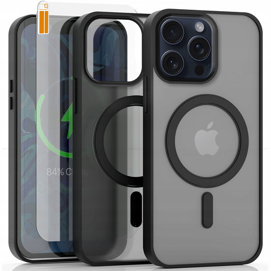 Dėklas Magsafe skirtas Apple iPhone 15 Pro Max (Matinis Juodas, Patvarus) +Apsauginis Stiklas