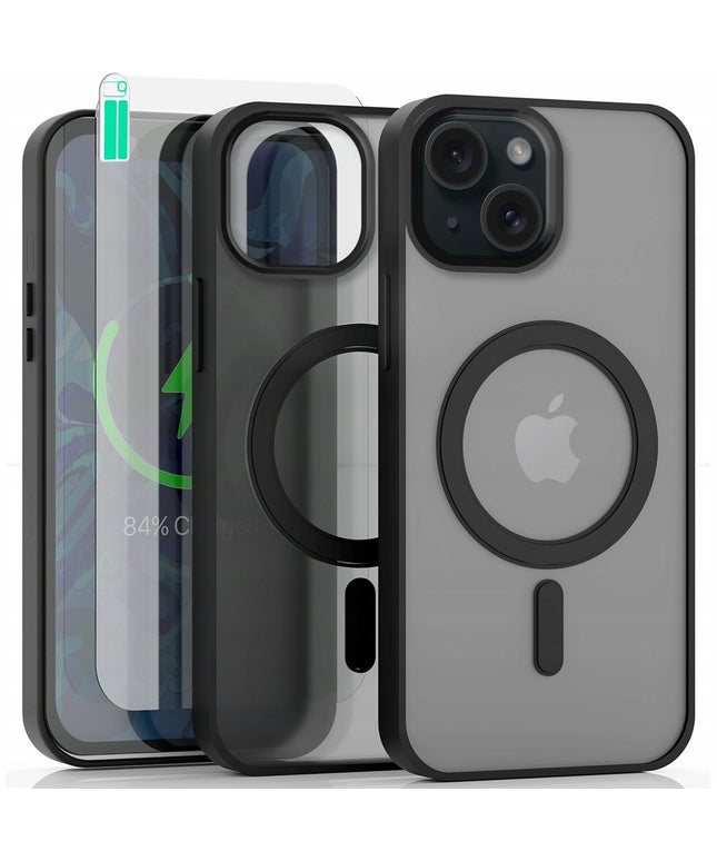 Dėklas iPhone 13 / 14 (skirta MagSafe, Matinis Juodas, Sustiprintas) +Grūdintas stiklas 9H