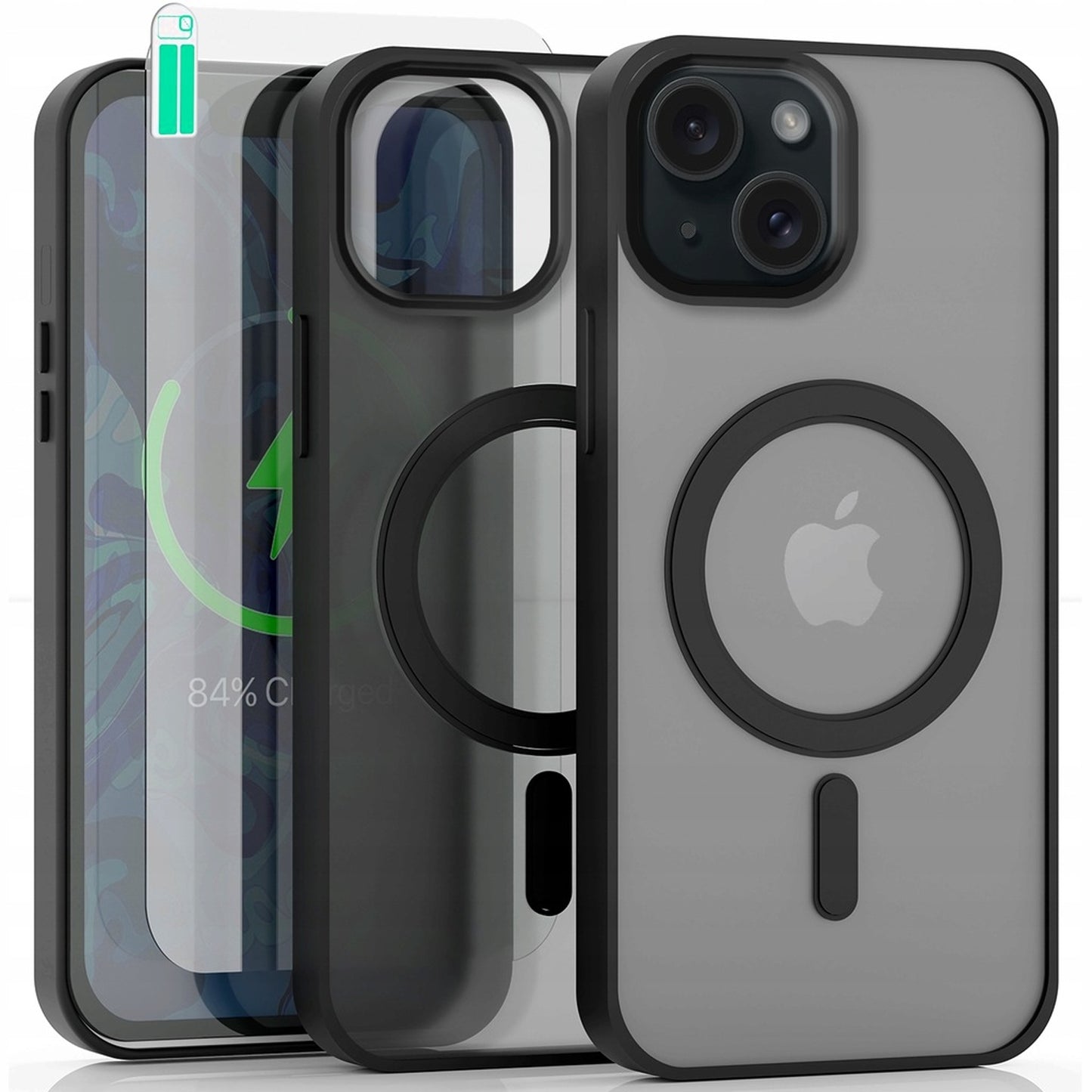 Dėklas iPhone 13 / 14 (skirta MagSafe, Matinis Juodas, Sustiprintas) +Grūdintas stiklas 9H