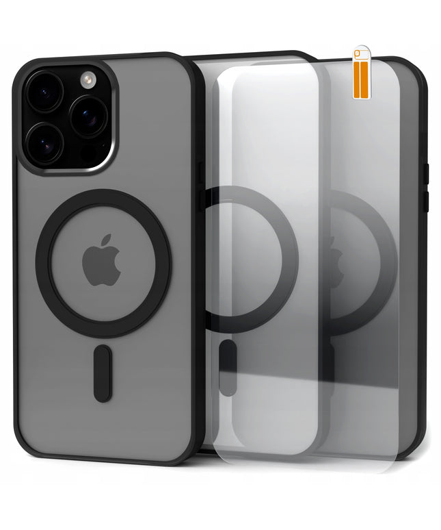 Dėklas Apple iPhone 16 Pro Max (Suderinamas su MagSafe, Magnetinis, Matinis Juodas)+Stiklas