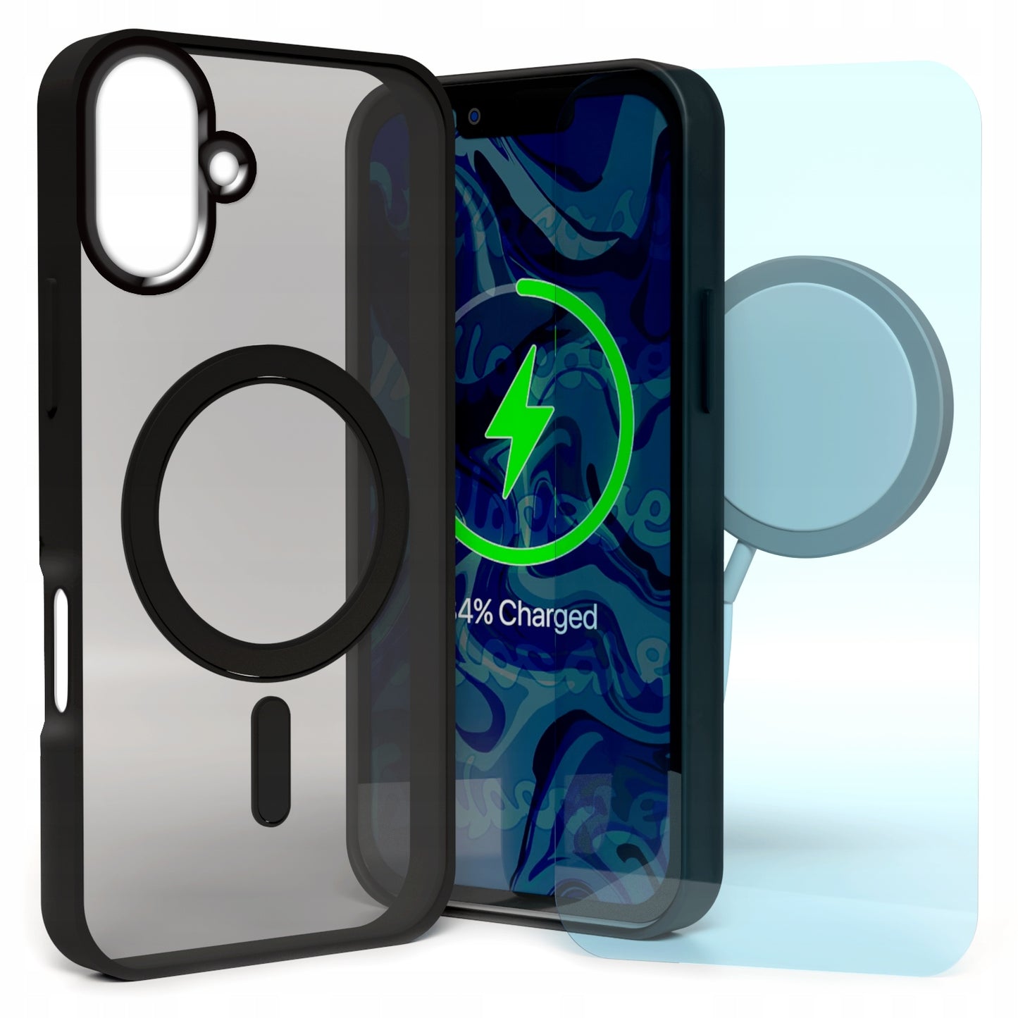 Dėklas iPhone 16 (Magsafe, Magnetinis, Matinis, Juodas, Patvarus) + Stiklas