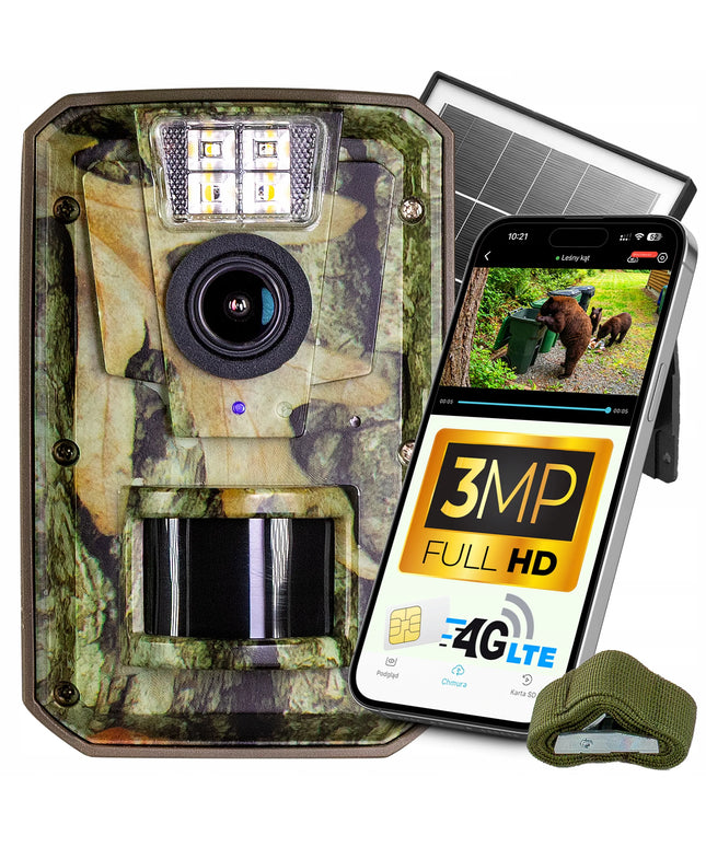 Miško fotospąstai, 4G LTE GSM kamera, 3 MP + saulės kolektorius ir programėlė